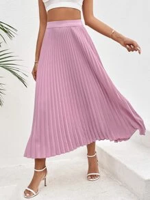 SHEIN VCAY Solid Pleated Skirt - Dusty Pink - View 3
