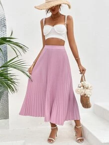 SHEIN VCAY Solid Pleated Skirt - Dusty Pink - View 4