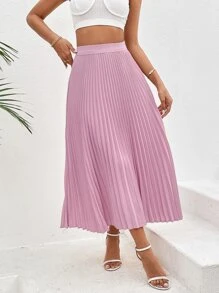 SHEIN VCAY Solid Pleated Skirt - Dusty Pink - View 5
