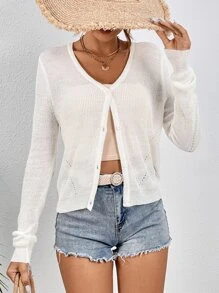 SHEIN VCAY Solid Button Front Cardigan - White - View 1