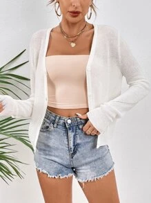 SHEIN VCAY Solid Button Front Cardigan - White - View 6