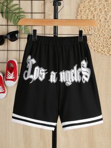 SHEIN Boys Letter Graphic Striped Trim Shorts - Black - View 1