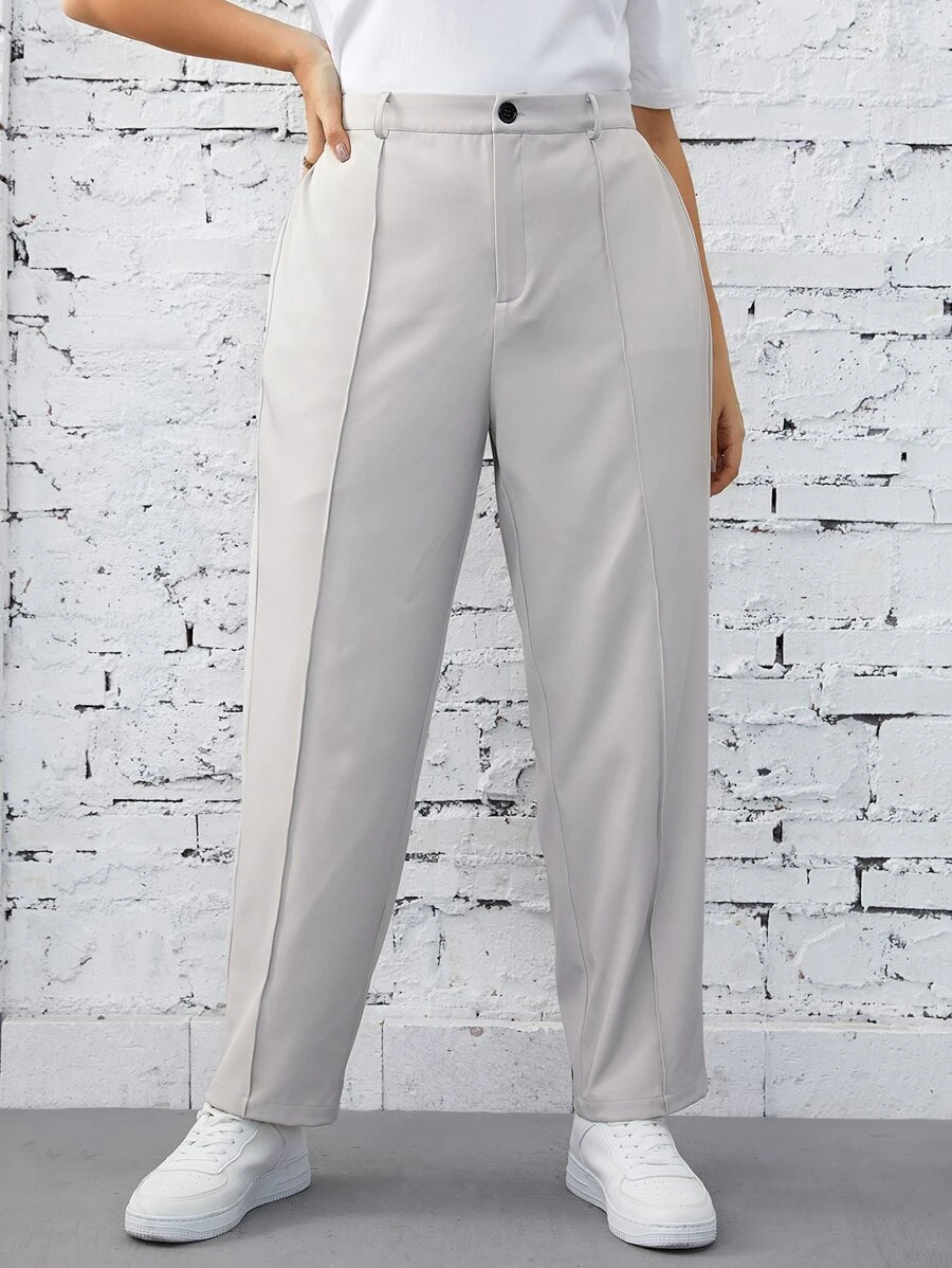 SHEIN Essnce 大碼素色高腰長褲 - 米色 - 查看 1