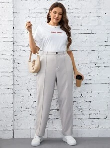 SHEIN Essnce 大碼素色高腰長褲 - 米色 - 查看 3