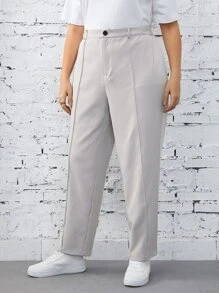 SHEIN Essnce 大碼素色高腰長褲 - 米色 - 查看 4