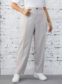 SHEIN Essnce 大碼素色高腰長褲 - 米色 - 查看 5