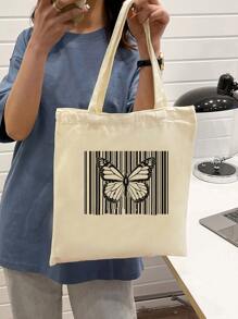 蝴蝶圖案購物袋 - 米色 - 查看 1
