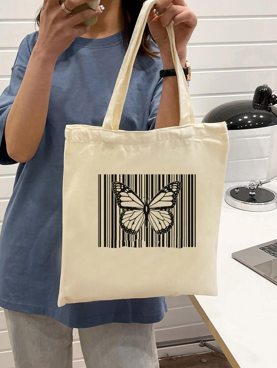 蝴蝶圖案購物袋 - 米色 - 查看 1