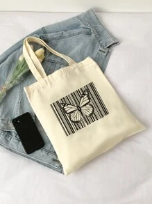 蝴蝶圖案購物袋 - 米色 - 查看 3