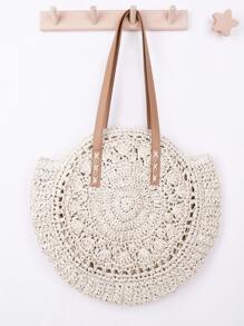 Bolso cubo pequeño, ratán de diseño trenzado de dos tonos, perfecto para viajes de vacaciones en la playa de verano - Beis - Ver 1