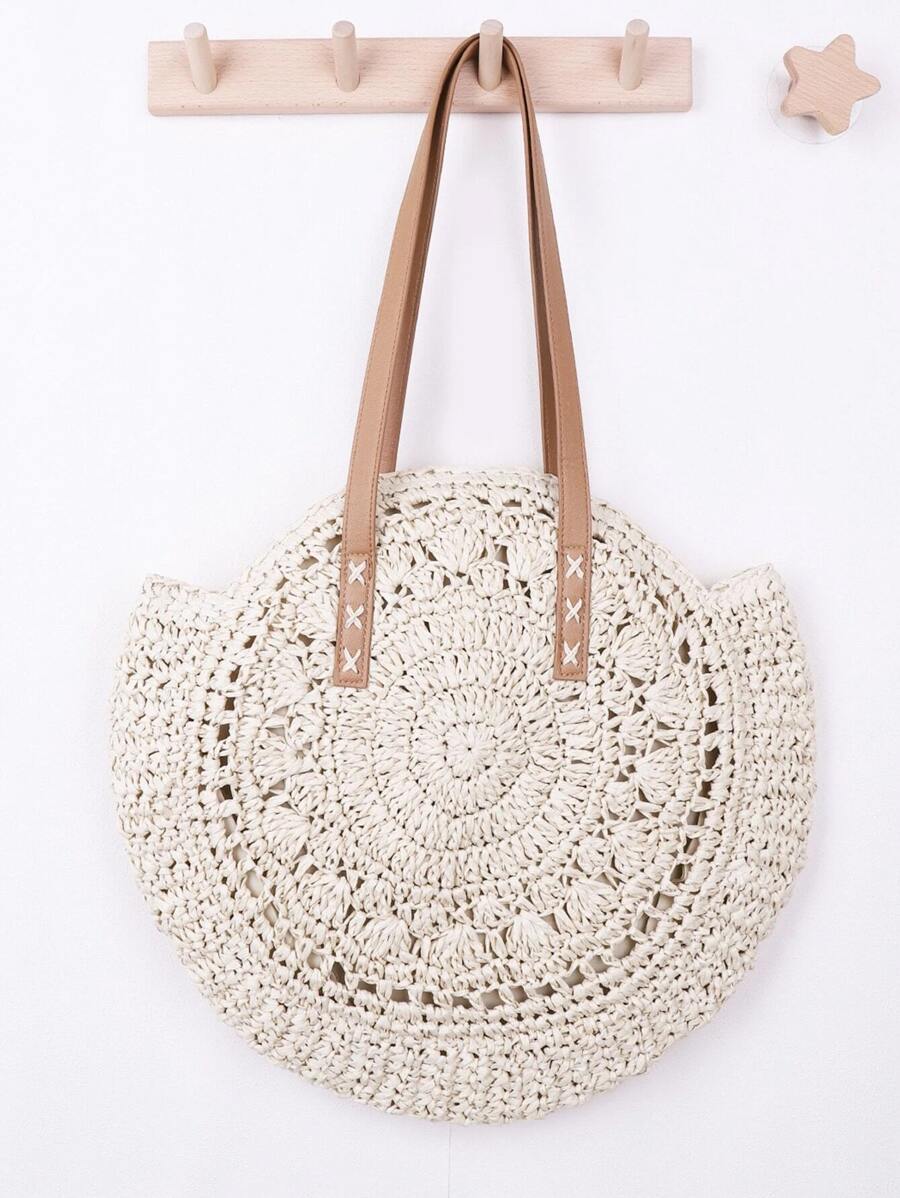 Bolso cubo pequeño, ratán de diseño trenzado de dos tonos, perfecto para viajes de vacaciones en la playa de verano - Beis - Ver 1