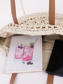 Bolso cubo pequeño, ratán de diseño trenzado de dos tonos, perfecto para viajes de vacaciones en la playa de verano - Beis - Ver 4