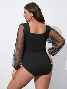 Calvaya Plus Contrast Mesh Lantern Sleeve Square Neck Bodysuit - Black - View 2