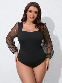 Calvaya Plus Contrast Mesh Lantern Sleeve Square Neck Bodysuit - Black - View 4