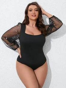 Calvaya Plus Contrast Mesh Lantern Sleeve Square Neck Bodysuit - Black - View 5