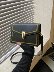 Embroidered Detail Square Bag Metal Decor Crossbody Bag - Black - View 1