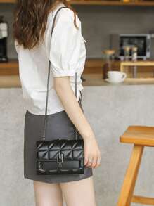 Mini Quilted Pattern Metal Decor Flap Square Bag - Black - View 4