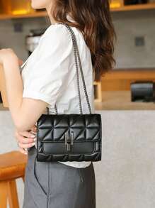 Mini Quilted Pattern Metal Decor Flap Square Bag - Black - View 6