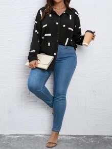 SHEIN LUNE Camisa con estampado geométrico de hombros caídos - Negro - Ver 1