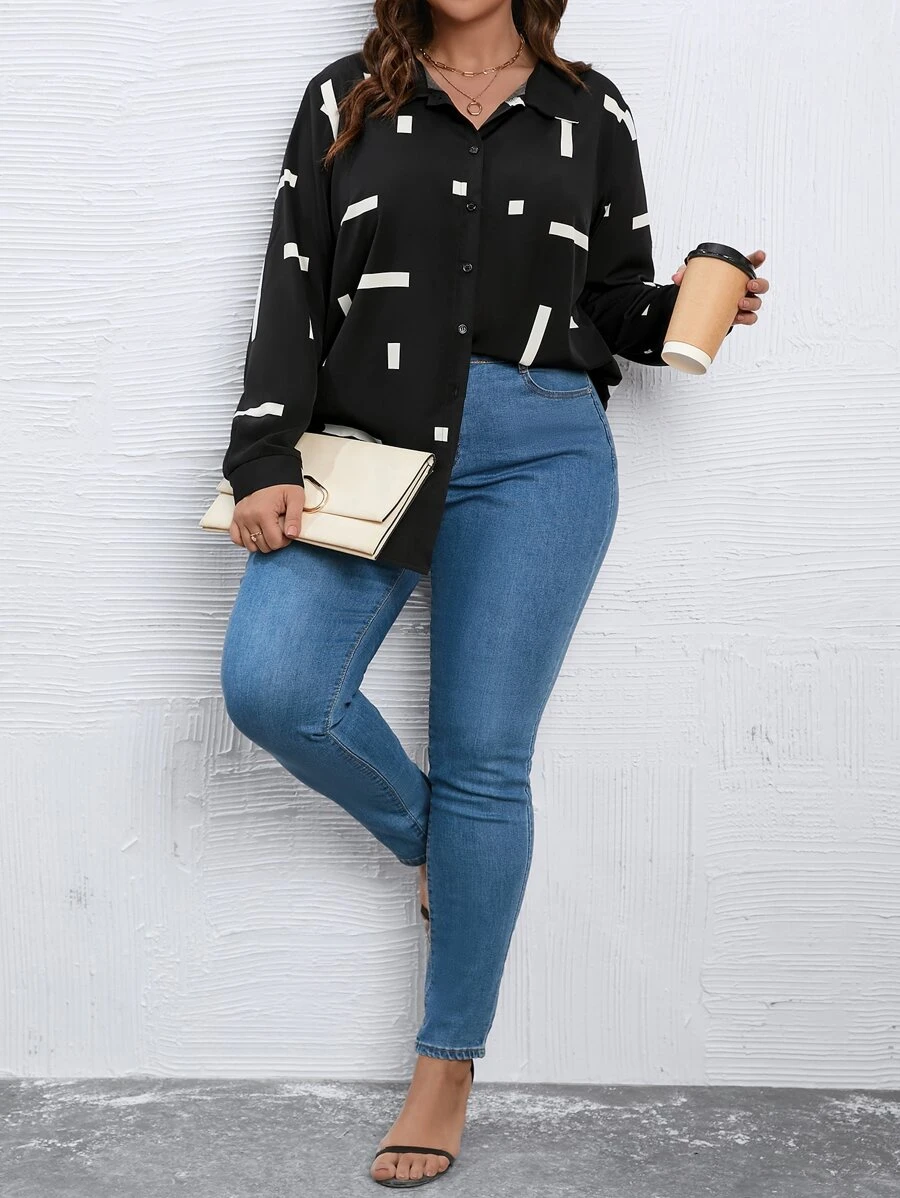 SHEIN LUNE Camisa con estampado geométrico de hombros caídos - Negro - Ver 1