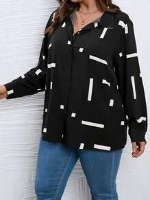 SHEIN LUNE Camisa con estampado geométrico de hombros caídos - Negro - Ver 5
