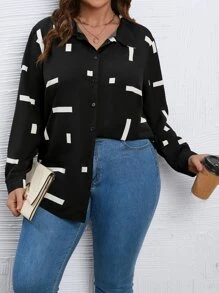 SHEIN LUNE Camisa con estampado geométrico de hombros caídos - Negro - Ver 6