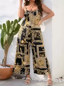 SHEIN Clasi 大碼圍巾圖案闊腿吊帶連體褲 - 彩色 - 查看 1