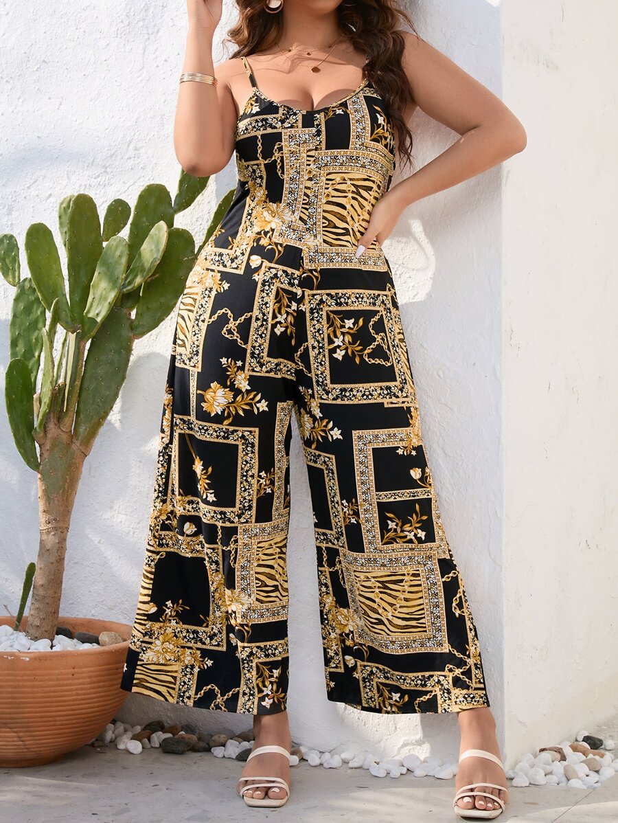 SHEIN Clasi 大碼圍巾圖案闊腿吊帶連體褲 - 彩色 - 查看 1