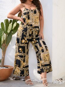 SHEIN Clasi 大碼圍巾圖案闊腿吊帶連體褲 - 彩色 - 查看 3
