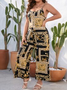 SHEIN Clasi 大碼圍巾圖案闊腿吊帶連體褲 - 彩色 - 查看 4