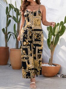 SHEIN Clasi 大碼圍巾圖案闊腿吊帶連體褲 - 彩色 - 查看 5