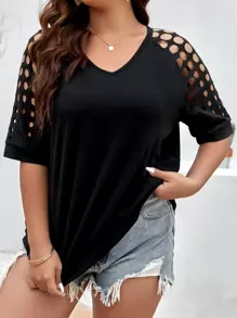 Flirla Áo thun Plus size Cắt ra màu trơn Giải trí - màu đen - Xem 5