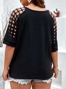 Flirla Áo thun Plus size Cắt ra màu trơn Giải trí - màu đen - Xem 2