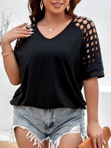 Flirla Áo thun Plus size Cắt ra màu trơn Giải trí - màu đen - Xem 1