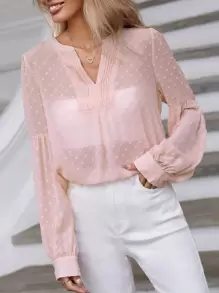 SHEIN Clasi Swiss Dot Notched Neckline Lantern Sleeve Blouse - Baby Pink - View 1