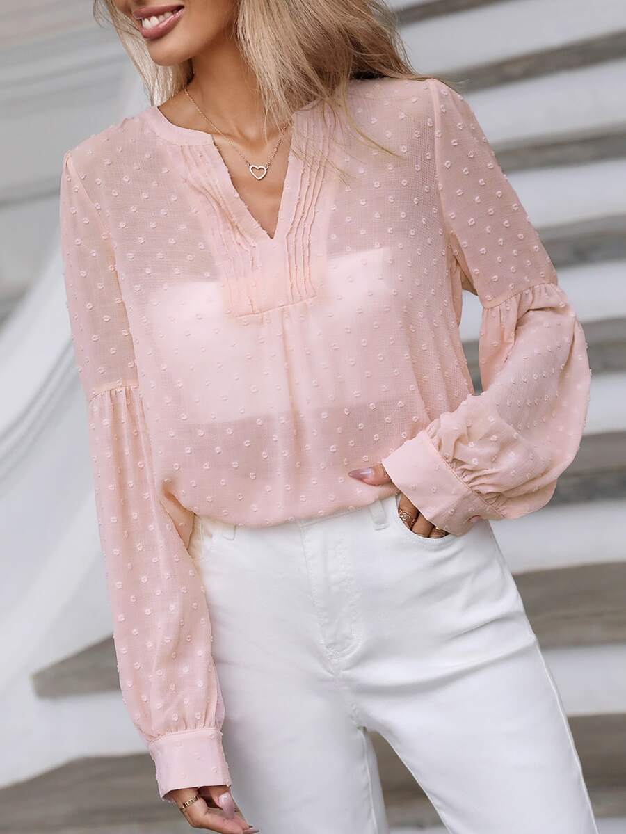 SHEIN Clasi Swiss Dot Notched Neckline Lantern Sleeve Blouse - Baby Pink - View 1