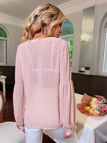 SHEIN Clasi Swiss Dot Notched Neckline Lantern Sleeve Blouse - Baby Pink - View 2