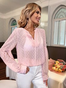 SHEIN Clasi Swiss Dot Notched Neckline Lantern Sleeve Blouse - Baby Pink - View 4