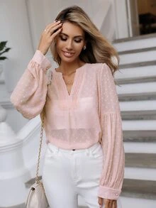 SHEIN Clasi Swiss Dot Notched Neckline Lantern Sleeve Blouse - Baby Pink - View 5