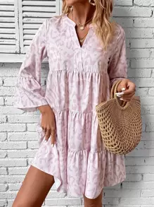 Breezaya Allover Print Notched Neckline Flounce Sleeve Ruffle Hem Smock Dress - Baby Pink - View 1