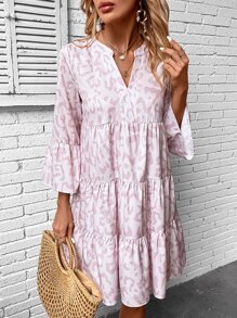 Breezaya Allover Print Notched Neckline Flounce Sleeve Ruffle Hem Smock Dress - Baby Pink - View 3