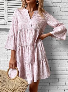 Breezaya Allover Print Notched Neckline Flounce Sleeve Ruffle Hem Smock Dress - Baby Pink - View 4