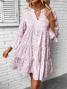 Breezaya Allover Print Notched Neckline Flounce Sleeve Ruffle Hem Smock Dress - Baby Pink - View 5