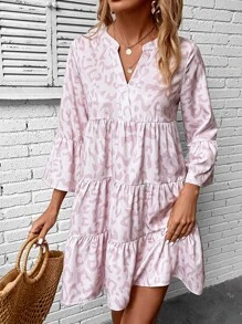 Breezaya Allover Print Notched Neckline Flounce Sleeve Ruffle Hem Smock Dress - Baby Pink - View 6
