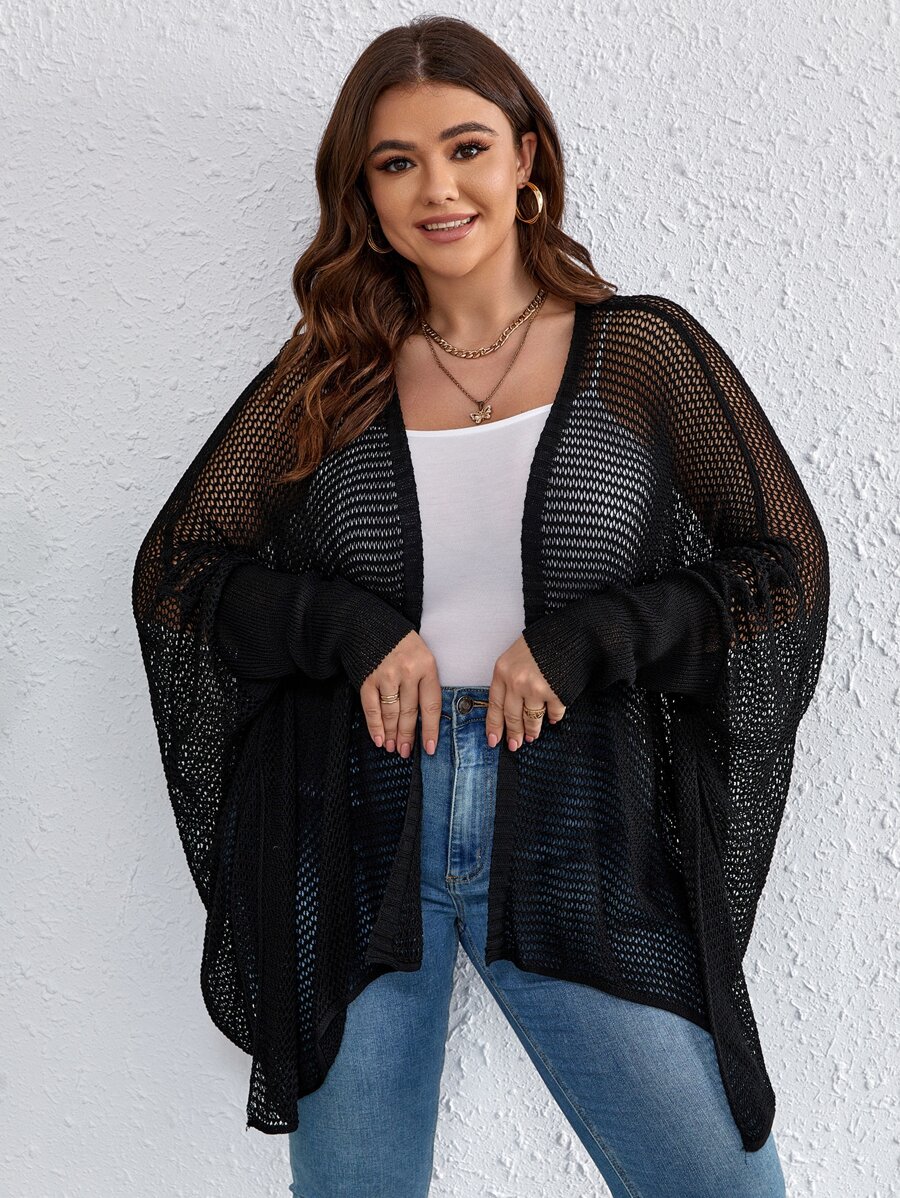 SHEIN LUNE Plus Batwing Sleeve Open Front Sheer Cardigan - Black - View 1