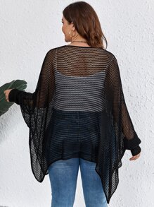 SHEIN LUNE Plus Batwing Sleeve Open Front Sheer Cardigan - Black - View 2