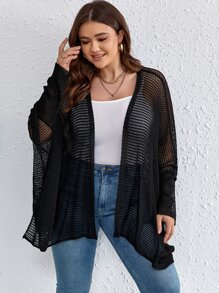 SHEIN LUNE Plus Batwing Sleeve Open Front Sheer Cardigan - Black - View 3