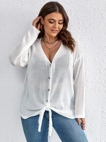 SHEIN LUNE Plus Drop Shoulder Knot Hem Cardigan - White - View 1