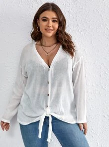 SHEIN LUNE Plus Drop Shoulder Knot Hem Cardigan - White - View 4
