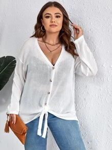 SHEIN LUNE Plus Drop Shoulder Knot Hem Cardigan - White - View 5